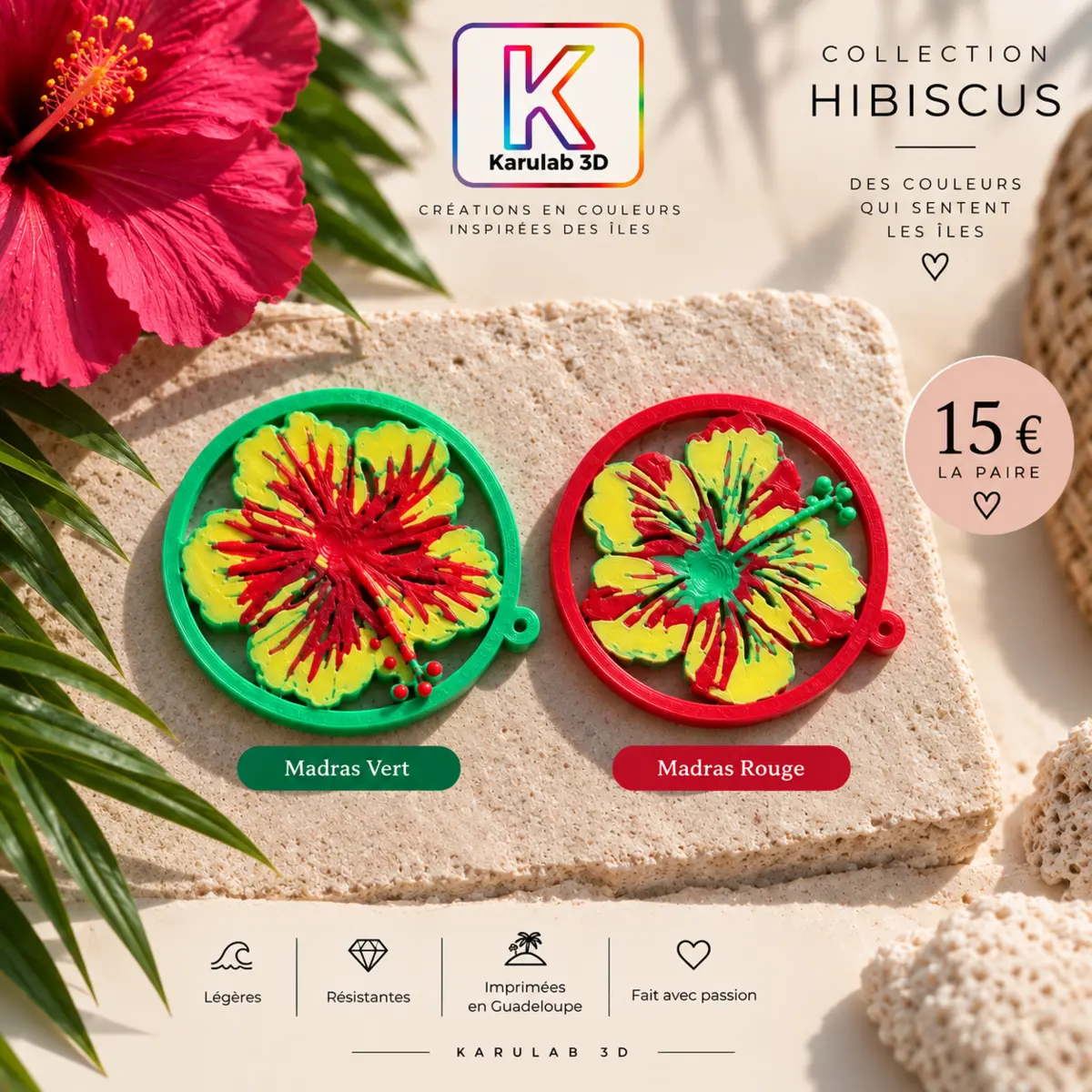 Boucles d'oreilles Hibiscus Madras rouges et vertes